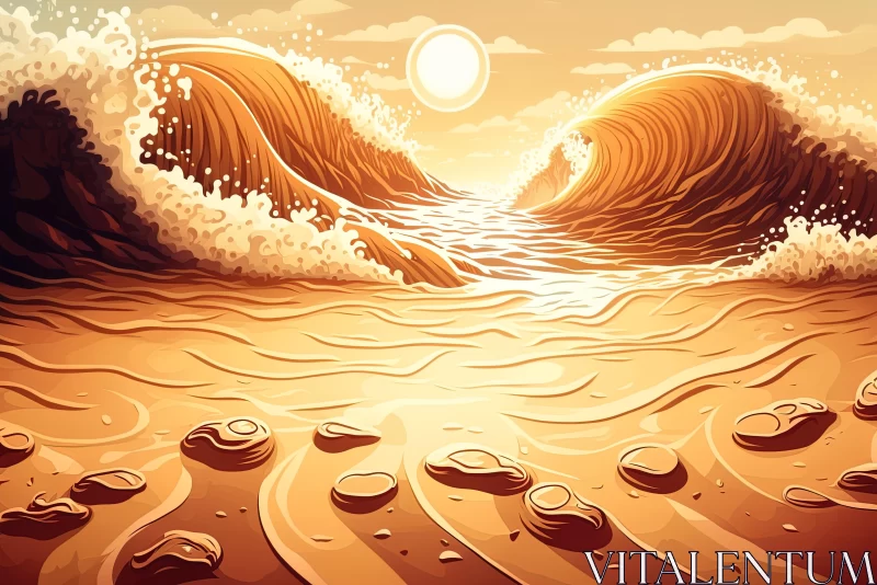 Surreal Cartoon of Sunset Ocean Beach with Waves | Zen Buddhism Influence Surreal Cartoon of Sunset Ocean Beach with Waves | Zen Buddhism Influence