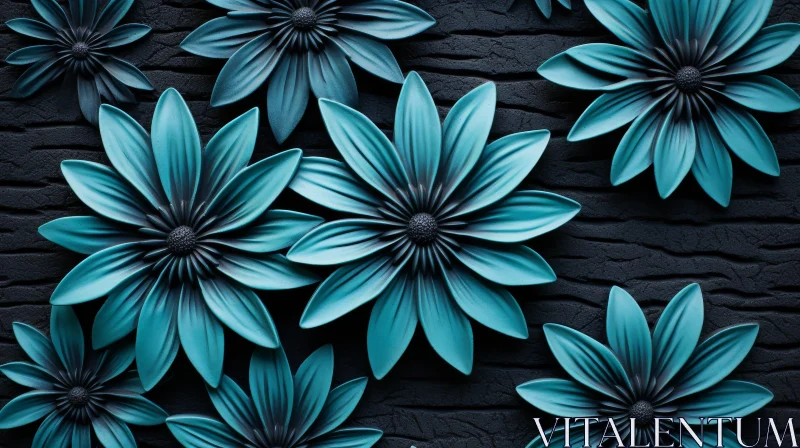 Blue Plastic Flowers on Black Concrete Wall - Abstract 3D Rendering Blue Plastic Flowers on Black Concrete Wall - Abstract 3D Rendering
