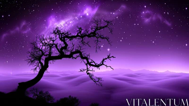 Enchanting Purple Night Landscape with Tree and Moon Enchanting Purple Night Landscape with Tree and Moon