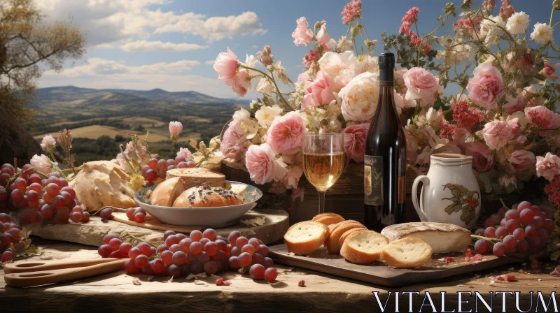 Rustic Table Setting with Wine, Bread, and Grapes Rustic Table Setting with Wine, Bread, and Grapes