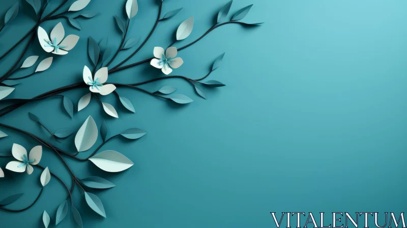 Tree Branch with Leaves and Flowers on Blue Background Tree Branch with Leaves and Flowers on Blue Background