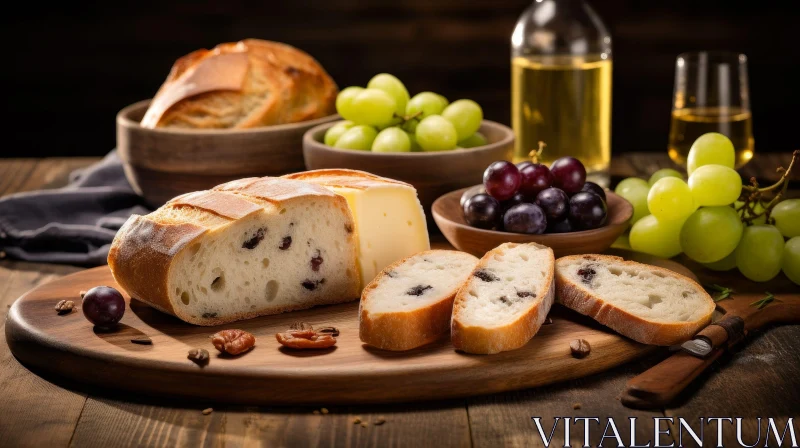 Rustic Still Life: Bread, Grapes, and Wine on Wooden Table Rustic Still Life: Bread, Grapes, and Wine on Wooden Table