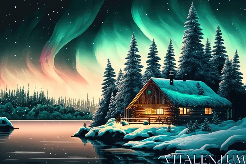 Captivating Cabin on a Snowy Lake with Aurora Lights - Colored Cartoon Style Captivating Cabin on a Snowy Lake with Aurora Lights - Colored Cartoon Style