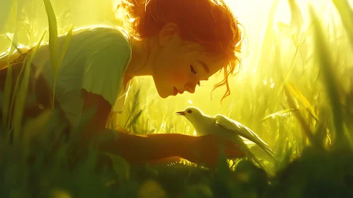 Woman and Bird in a Sunlit Meadow Woman and Bird in a Sunlit Meadow