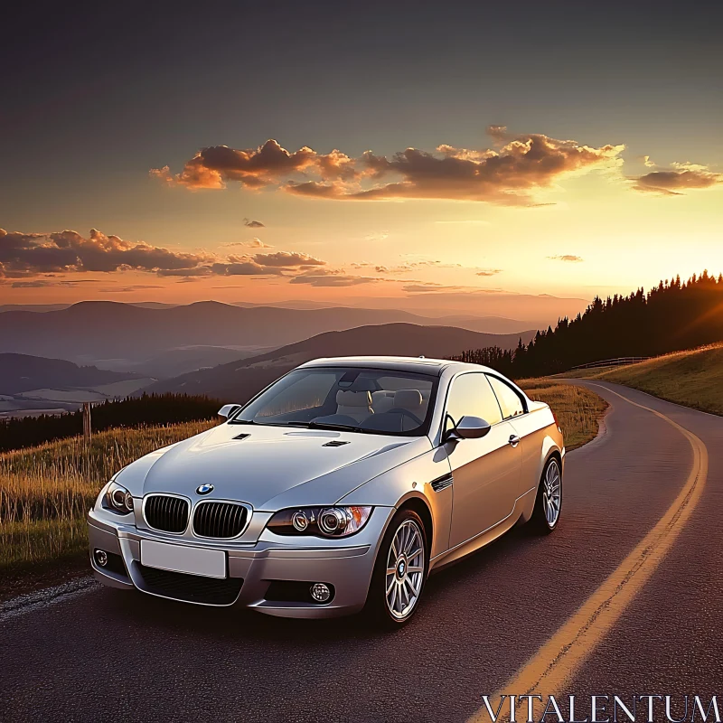 Elegant Car at Sunset in Mountainous Landscape Elegant Car at Sunset in Mountainous Landscape