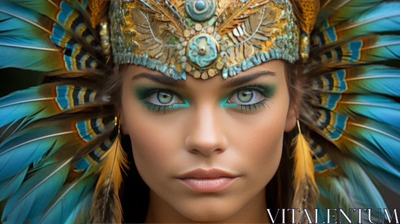 Captivating Aztec Art: A Woman Adorned with a Blue and Gold Feather Headdress Captivating Aztec Art: A Woman Adorned with a Blue and Gold Feather Headdress