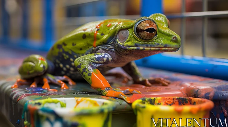 Green Tree Frog Amidst Colorful Paints: An Artistic Wildlife Scene Green Tree Frog Amidst Colorful Paints: An Artistic Wildlife Scene
