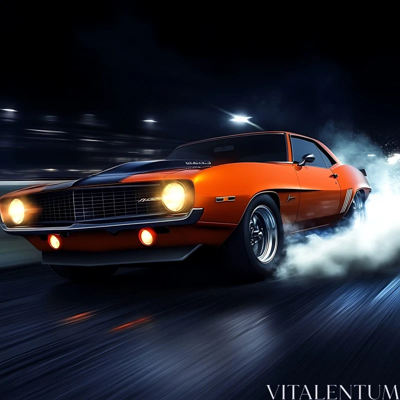 Retro Muscle Car Night Drift with Smoke and Headlights Retro Muscle Car Night Drift with Smoke and Headlights