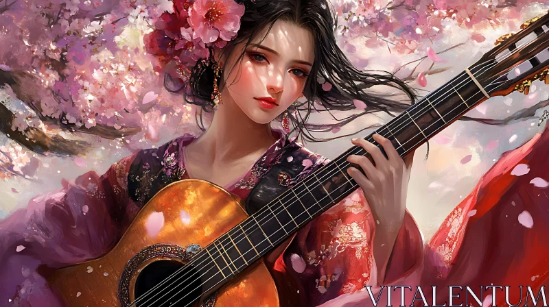 Woman with Guitar in Blooming Cherry Blossom Scenery Woman with Guitar in Blooming Cherry Blossom Scenery