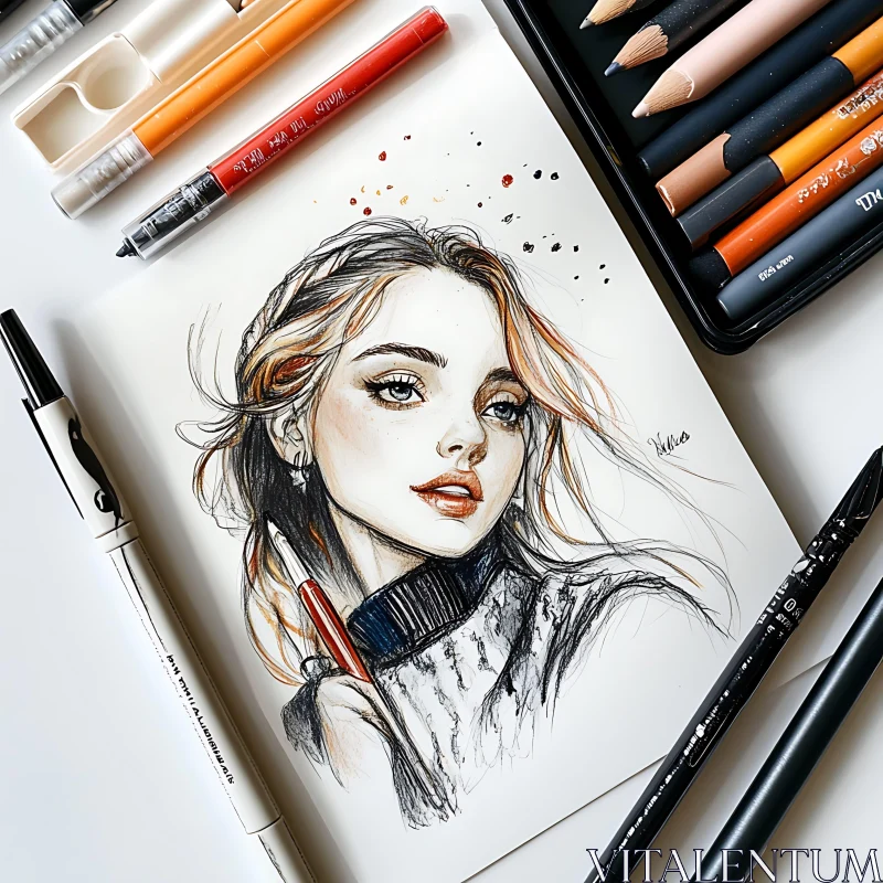 Expressive Portrait Sketch with Art Supplies Expressive Portrait Sketch with Art Supplies