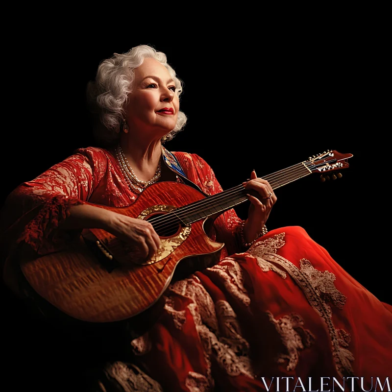 Elderly Musician in Red Dress with Guitar Elderly Musician in Red Dress with Guitar