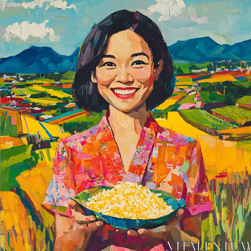 Smiling Woman with Rice Bowl in Colorful Landscape Smiling Woman with Rice Bowl in Colorful Landscape
