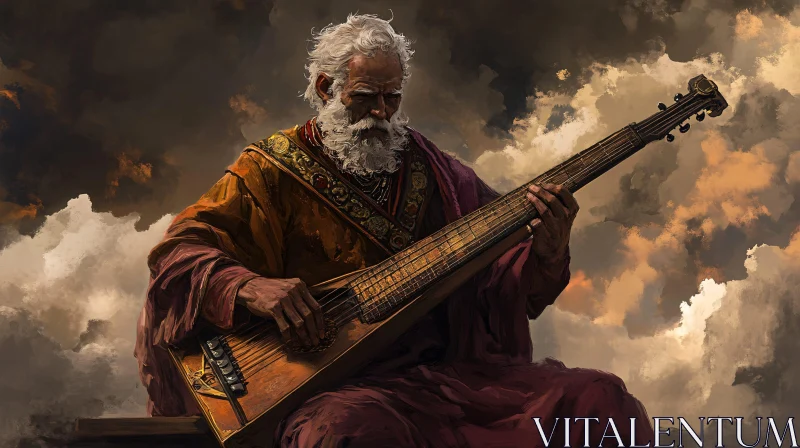 Old Musician in Traditional Clothes with Clouds in Background Old Musician in Traditional Clothes with Clouds in Background
